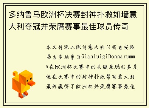 多纳鲁马欧洲杯决赛封神扑救如墙意大利夺冠并荣膺赛事最佳球员传奇